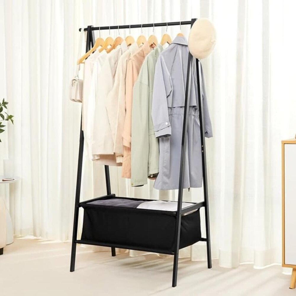 Bamboo Clothes Rack with Storage Box, Garment Rack Clothing Racks - Picture 1 of 7